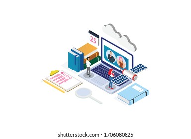 Modern Isometric Smart Online Learning Technology Illustration in White Isolated Background With People and Digital Related Asset