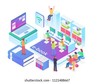 Modern Isometric Smart Online Library System Technology Illustration In White Isolated Background With People And Digital Related Asset