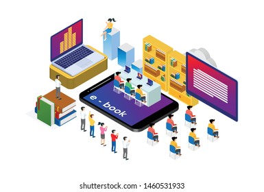 Modern Isometric Smart Online Library System Technology Illustration in White Isolated Background With People and Digital Related Asset