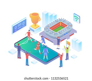Modern Isometric Smart Online Live Soccer Tournament Technology Illustration in White Isolated Background With People and Digital Related Asset
