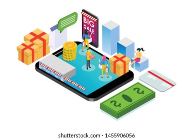 Modern Isometric Smart Online Shopping E-Commerce Delivery Illustration in White Isolated Background With People and Digital Related Asset