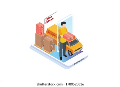 Modern Isometric Smart online store delivery, Suitable for Diagrams, Infographics, Book Illustration, Game Asset, And Other Graphic Related Assets in isolated white background