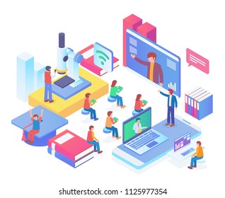 Modern Isometric Smart Online Webinar Training Technology Illustration in White Isolated Background With People and Digital Related Asset