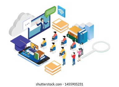 Modern Isometric Smart Online Webinar Training Technology Illustration in White Isolated Background With People and Digital Related Asset