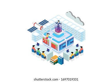 Modern Isometric Smart Online Webinar Training Technology with Hologram People in cloud Illustration, in White Isolated Background With People and Digital Related Asset