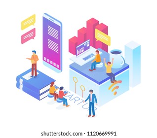 Modern Isometric Smart Technology Smart Office Illustration in White Isolated Background With People and Digital Related Asset