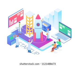 Modern Isometric Smart Technology Startup Product Launch Illustration in White Isolated Background With People and Digital Related Asset