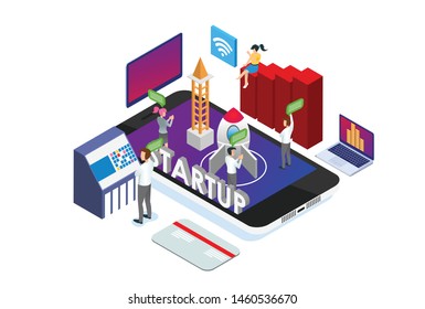 Modern Isometric Smart Technology Startup Product Launch Illustration in White Isolated Background With People and Digital Related Asset