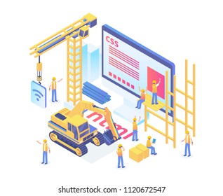 Modern Isometric Smart Website Under Construction Development Technology Illustration in White Isolated Background With People and Digital Related Asset
