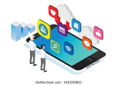 Modern Isometric Social Media Marketing Illustration, Suitable for Diagrams, Infographics, Book Illustration, Game Asset, And Other Graphic Related Assets