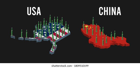 Concepto moderno de fuerzas estratégicas isométricas de cohetes en el ataque de misiles nucleares de Estados Unidos y China. Ilustración vectorial eps10.