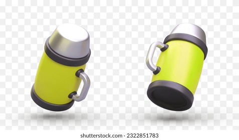 Modern isometric thermos in neon color. Tilted 3D image with shadow. Vacuum insulation. Isolated modern icons. Illustration for stores of drinkware, travel equipment, personal office, school supplies