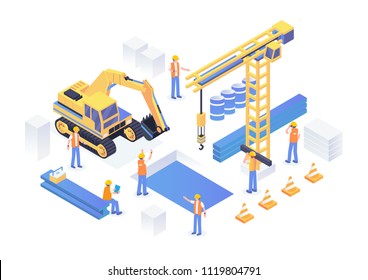 Modern Isometric Under Construction Industrial Site Concept Illustration In Isolated White Background