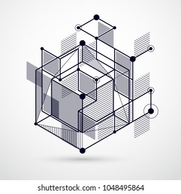 Modern isometric vector abstract black and white background with geometric element. Layout of cubes, hexagons, squares, rectangles and different abstract elements. 