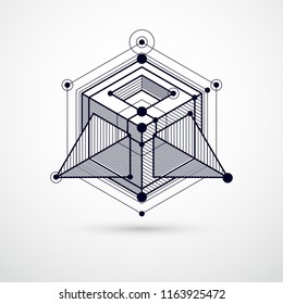 Modern isometric vector abstract black and white background with geometric element. Layout of cubes, hexagons, squares, rectangles and different abstract elements. 