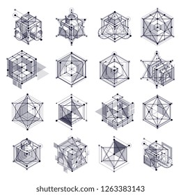 Modern isometric vector abstract black and white backgrounds set with geometric element. Layout of cubes, hexagons, squares, rectangles and different abstract elements. 