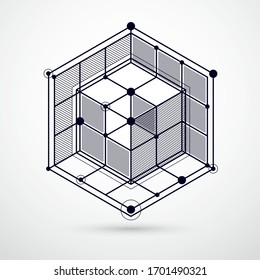 Modern isometric vector abstract black and white background with geometric element. Layout of cubes, hexagons, squares, rectangles and different abstract elements. 
