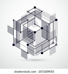 Modern isometric vector abstract black and white background with geometric element. Layout of cubes, hexagons, squares, rectangles and different abstract elements. 