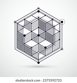 Vector isométrico moderno abstracto de fondo negro y blanco con elemento geométrico. Disposición de cubos, hexagones, cuadrados, rectángulos y diferentes elementos abstractos. 