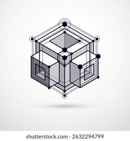 Modern isometric vector abstract black and white background with geometric element. Layout of cubes, hexagons, squares, rectangles and different abstract elements. 