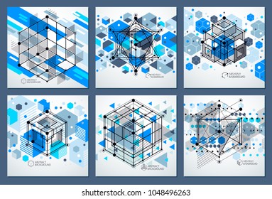 Modern isometric vector abstract blue backgrounds set with geometric element. Layout of cubes, hexagons, squares, rectangles and different abstract elements. 