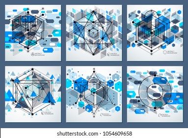 Modern isometric vector abstract blue backgrounds set with geometric element. Layout of cubes, hexagons, squares, rectangles and different abstract elements. 