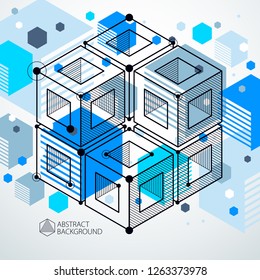 Modern isometric vector abstract blue background with geometric element. Layout of cubes, hexagons, squares, rectangles and different abstract elements. 