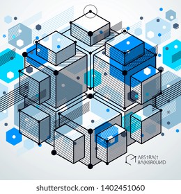 Modern isometric vector abstract blue background with geometric element. Layout of cubes, hexagons, squares, rectangles and different abstract elements. 