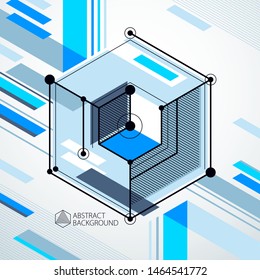 Modern isometric vector abstract blue background with geometric element. Layout of cubes, hexagons, squares, rectangles and different abstract elements. 