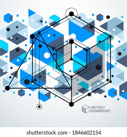 Vector isométrico moderno fondo azul abstracto con elemento geométrico. Disposición de cubos, hexagones, cuadrados, rectángulos y diferentes elementos abstractos. 