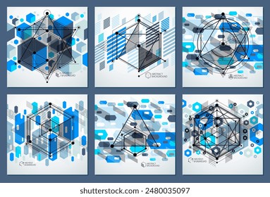 Fondos azules abstractos isométricos modernos del Vector fijados con el elemento geométrico. Diseño de cubos, hexágonos, cuadrados, rectángulos y diferentes Elementos abstractos. 