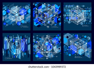 Modern isometric vector abstract dark blue backgrounds set with geometric element. Layout of cubes, hexagons, squares, rectangles and different abstract elements. 