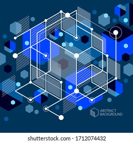 Modern isometric vector abstract dark blue background with geometric element. Layout of cubes, hexagons, squares, rectangles and different abstract elements. 