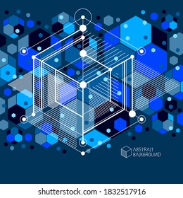 Modern isometric vector abstract dark blue background with geometric element. Layout of cubes, hexagons, squares, rectangles and different abstract elements. 