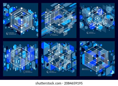 Modern isometric vector abstract dark blue backgrounds set with geometric element. Layout of cubes, hexagons, squares, rectangles and different abstract elements. 