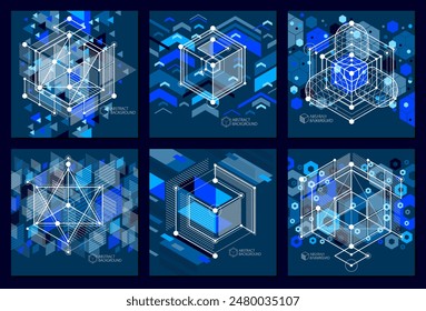 Modern isometric vector abstract dark blue backgrounds set with geometric element. Layout of cubes, hexagons, squares, rectangles and different abstract elements. 