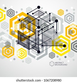 Modern isometric vector abstract yellow background with geometric element. Layout of cubes, hexagons, squares, rectangles and different abstract elements. 