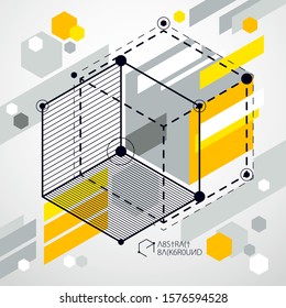 Modern isometric vector abstract yellow background with geometric element. Layout of cubes, hexagons, squares, rectangles and different abstract elements. 