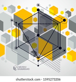Modern isometric vector abstract yellow background with geometric element. Layout of cubes, hexagons, squares, rectangles and different abstract elements. 