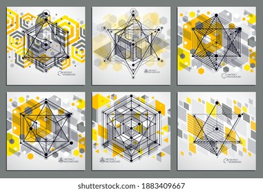 Modern isometric vector abstract yellow backgrounds set with geometric element. Layout of cubes, hexagons, squares, rectangles and different abstract elements. 