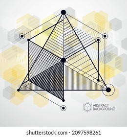 Modern isometric vector abstract yellow background with geometric element. Layout of cubes, hexagons, squares, rectangles and different abstract elements. 