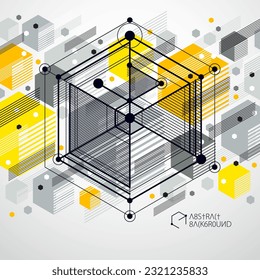 Modern isometric vector abstract yellow background with geometric element. Layout of cubes, hexagons, squares, rectangles and different abstract elements. 