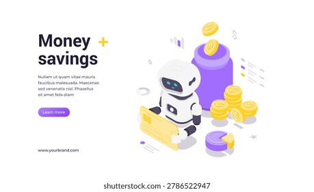 Modern isometric vector banner template for money savings and personal finance management with AI technology. Features robot with credit card, coins and growth charts for financial security concepts.
