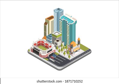 Modern Isometric vector city with skyscrapers, people, streets and vehicles, commercial and business area infographic with icons, Suitable for Diagrams, Infographics,  And Other Graphic Related Assets