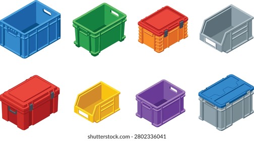 Modern isometric vector collection featuring plastic storage bins, stackable containers, lidded boxes, and warehouse organizer crates in various styles and colors. Ideal for logistics, inventory management, warehousing, retail, home organization, and industrial design projects.