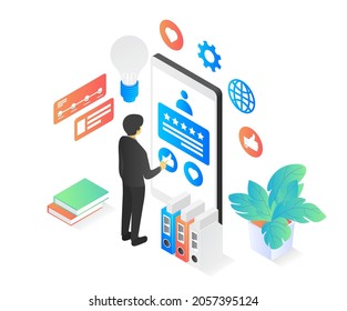 Ilustración vectorial isométrica moderna sobre el trabajo satisfactorio de un autónomo y buena calificación para él