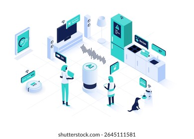 Modern isometric vector illustration of an AI powered home assistant managing a smart household. The concept visualizes AI integration in daily life, automation, and convenience in smart living