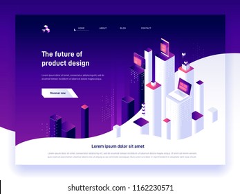 Modern isometric vector illustration concept of digital marketing and app development. 3d abstract platforms and devices. Creative landing page design template.