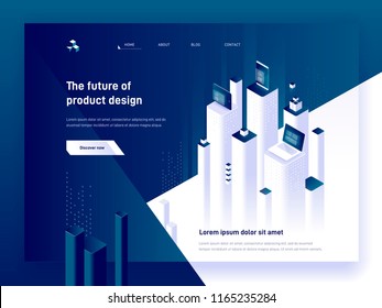 Modern isometric vector illustration concept of product development and digital marketing. 3d devices, charts and platforms. Creative landing page design template.
