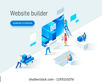 Modern isometric vector illustration concept of people making web page design for website. Creative landing page template.